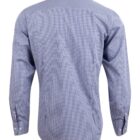 Back view of a blue and white checkered long-sleeve shirt.