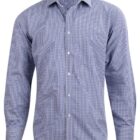 Blue and white checkered button-up shirt with long sleeves and a collar.