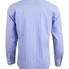 Back view of a blue and white checkered long-sleeve button-up shirt.