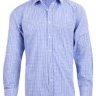 Blue checkered long-sleeve dress shirt on a white background.