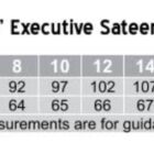 Size chart for a womens executive sateen stripe 3/4 sleeve shirt, sizes 6 to 24.