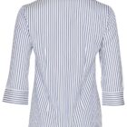 Back view of a blue and white striped collared shirt with three-quarter sleeves.