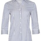 White shirt with blue vertical stripes and three-quarter sleeves.