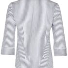 Back view of a white shirt with black vertical stripes and three-quarter sleeves.