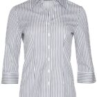 Striped, long-sleeve button-down shirt with a collar.