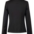 Back view of a tailored black blazer with long sleeves and a fitted waist.