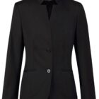 Black tailored blazer with two buttons and front pockets.