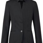 Black fitted blazer with two buttons and notch lapel, shown from the front.