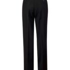 Black dress pants, back view, with two pockets and button closures.