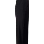 Side view of black trousers with a buttoned waistband and straight legs.