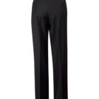 Black dress pants, rear view, with buttons on back pockets.