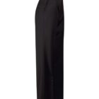 Side view of black high-waisted straight-leg trousers on a white background.