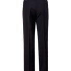 Black dress pants viewed from the back, with two buttoned pockets.