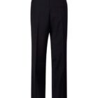 Black dress pants with a straight-leg design and a single button and zipper closure.