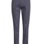 Gray dress pants with a button and zip closure on a white background.