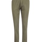 Olive green slim-fit pants on a white background.