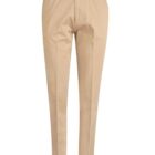 Beige dress pants with a straight fit, front button, and zipper closure.