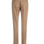 Back view of tan dress pants with rear pockets on a white background.