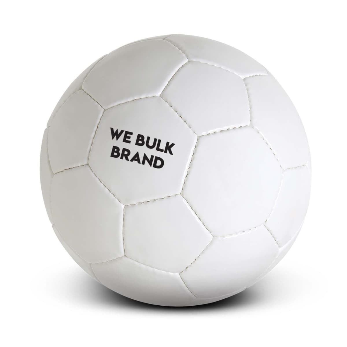 A white soccer ball with hexagonal panels and WE BULK BRAND printed on it in black letters, isolated on a white background.