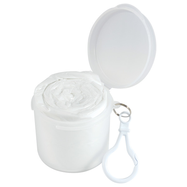A white cylindrical container with a poncho