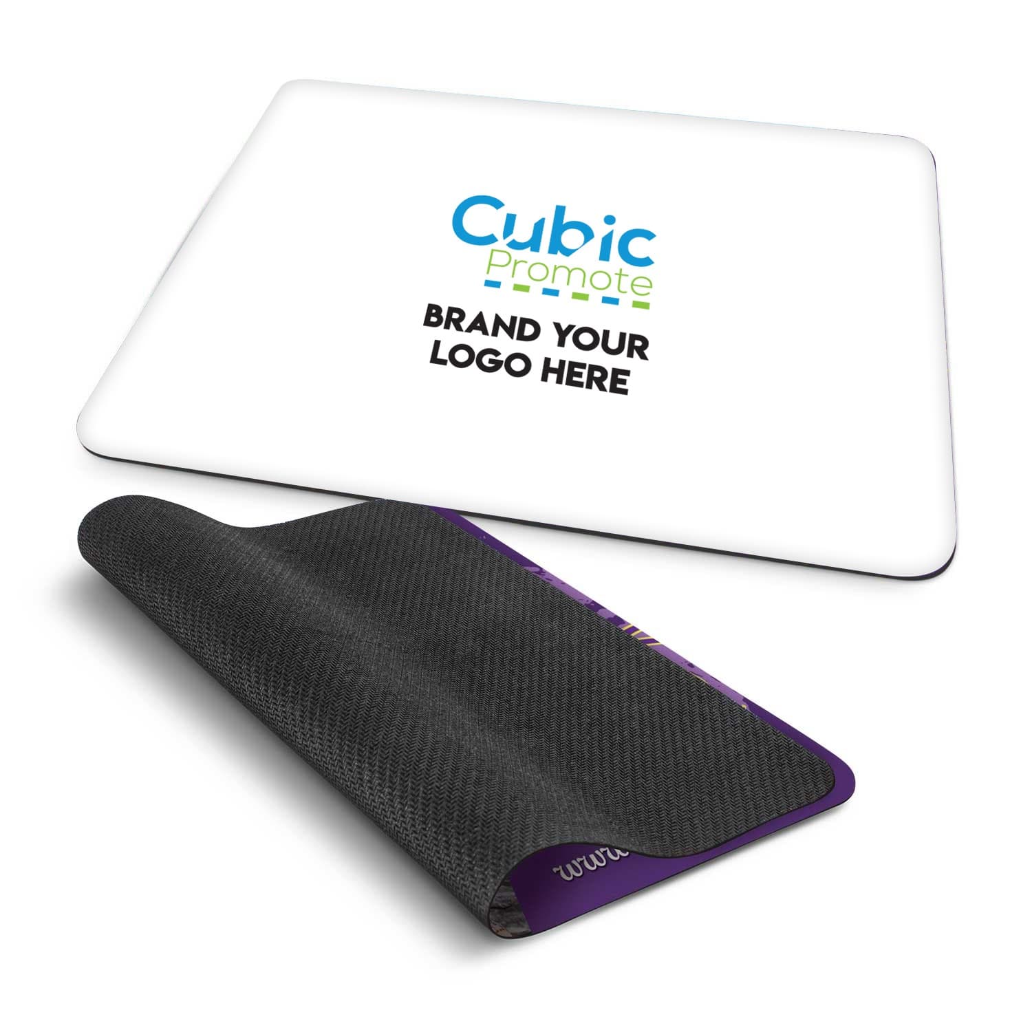 A rectangular white mouse pad with the text Cubic Promote and Brand Your Logo Here in the center. Part of the black bottom is flipped up, revealing a textured, non-slip surface.