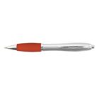 A silver and red ballpoint pen with a rubber grip.