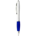 A retractable ballpoint pen with a blue grip and silver clip.