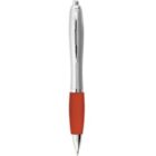 Silver pen with red grip on a white background.