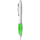 A silver and green pen with a clip, isolated on a white background.