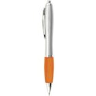 Silver pen with an orange grip and a clip, standing upright.