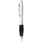 Silver pen with a black grip and a metal clip on a white background.