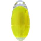 A small, oval-shaped, yellow and clear plastic container with a hole at the top.