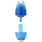 Two blue plastic parts of a liquid air freshener, separated and facing each other vertically.