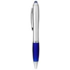 Silver and blue ballpoint pen with a pocket clip and a stylus tip on top.