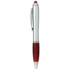 Silver and red ballpoint pen with a clip, shown upright on a white background.
