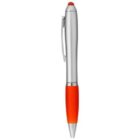 Silver pen with an orange grip and a clip, shown upright on a white background.