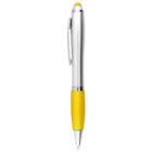 Silver pen with a yellow grip and click button, shown vertically on a white background.