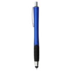 Blue and black retractable pen with a silver clip and stylus tip.