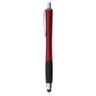 A red and black retractable pen with a silver clip, shown vertically on a white background.