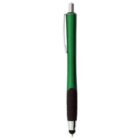 Green and black pen with a clip, click top, and a black grip near the tip.