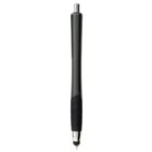 A black retractable pen with a rubber grip and a stylus tip on the end.