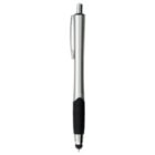 Silver retractable ballpoint pen with a black rubber grip and a pocket clip.