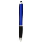 A blue and black ballpoint pen with a silver tip and clip. The pen has a stylus tip on the opposite end, and features a rubber grip for comfortable handling.
