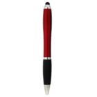 A red and black pen with silver accents, featuring a rubber grip near the tip and a stylus tip on the opposite end.