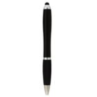 A black pen with a silver tip and clip is centered against a white background. The pen has a sleek, modern design and features a rubber grip section.