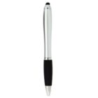 A silver and black pen with a metallic body, featuring a black grip and a capped tip. The upper part of the pen is shiny and smooth, ending in a stylus tip, suitable for touchscreen use.