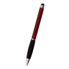 Red and black pen with a silver tip and a stylus end, on a white background.