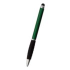 Green pen with a black grip and a silver tip, featuring a stylus end.