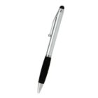 Silver and black pen with a clip and a black rubber grip, shown on a white background.