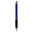 A blue stylus pen with a black rubber tip and silver accents on a white background.